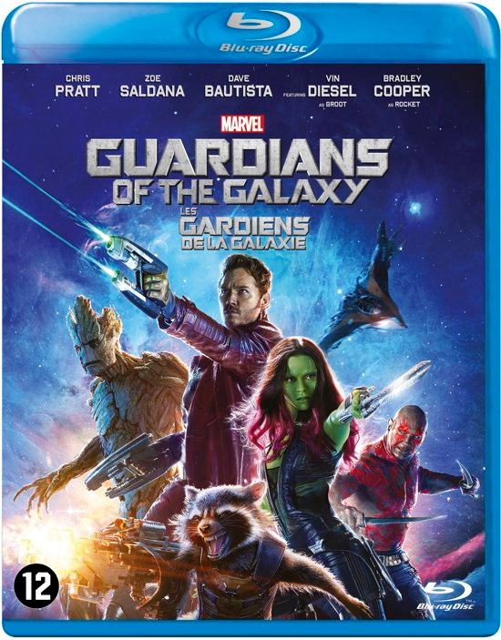 Couverture Blu-ray de 'Les Gardiens de la Galaxie'. Personnages : Star-Lord, Gamora et Rocket. Texte en anglais et français.