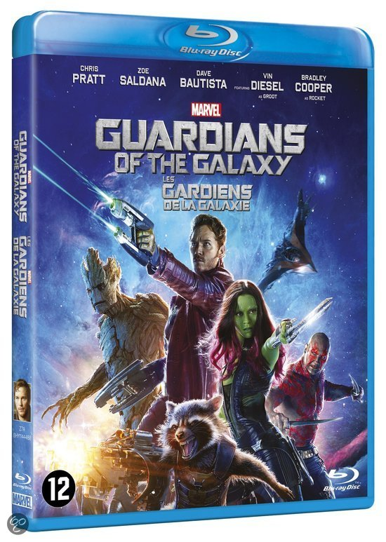 Couverture Blu-ray de Les Gardiens de la Galaxie. Présente un groupe de personnages dans un cadre spatial.