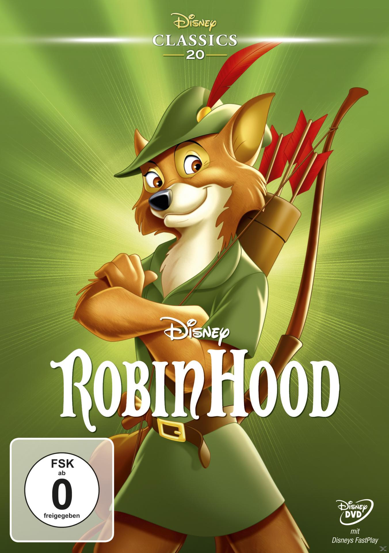 Disney Robin Hood DVD-Cover. Der Fuchs Robin Hood in Grün mit Pfeil und Bogen. Grüner Hintergrund.