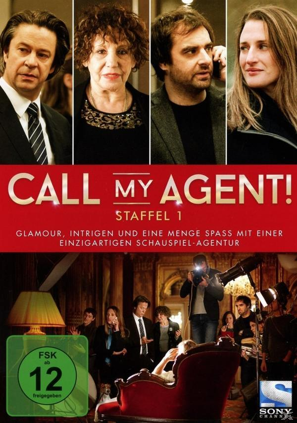 DVD-Cover: Call My Agent, mit vier Gesichtern von Schauspielern und einer Gruppe von Menschen in einem Raum mit roter Couch.