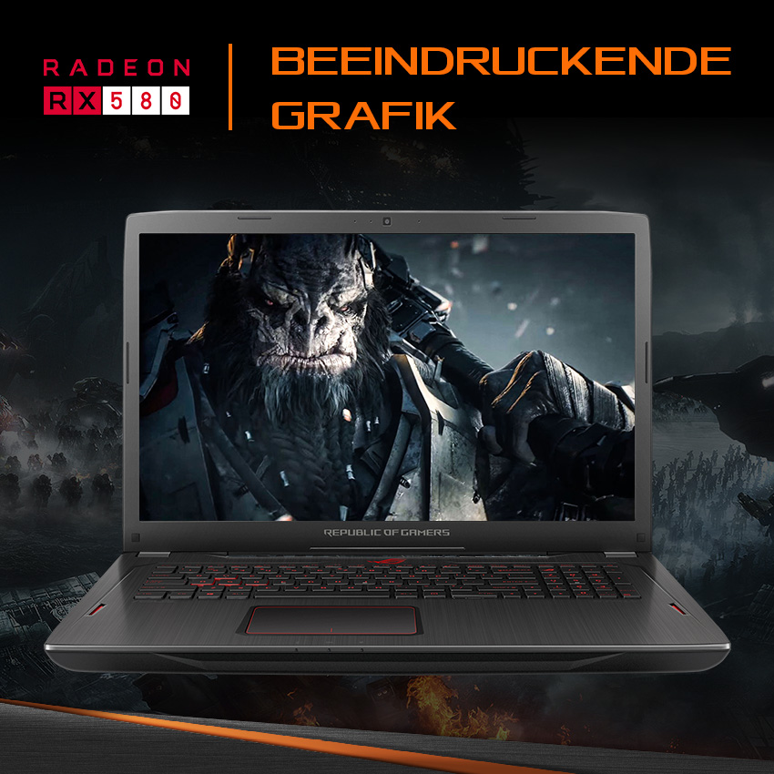 Ein Laptop mit Gaming-Display. Text lautet 'Radeon RX 580' und 'Beeindruckende Grafik'.