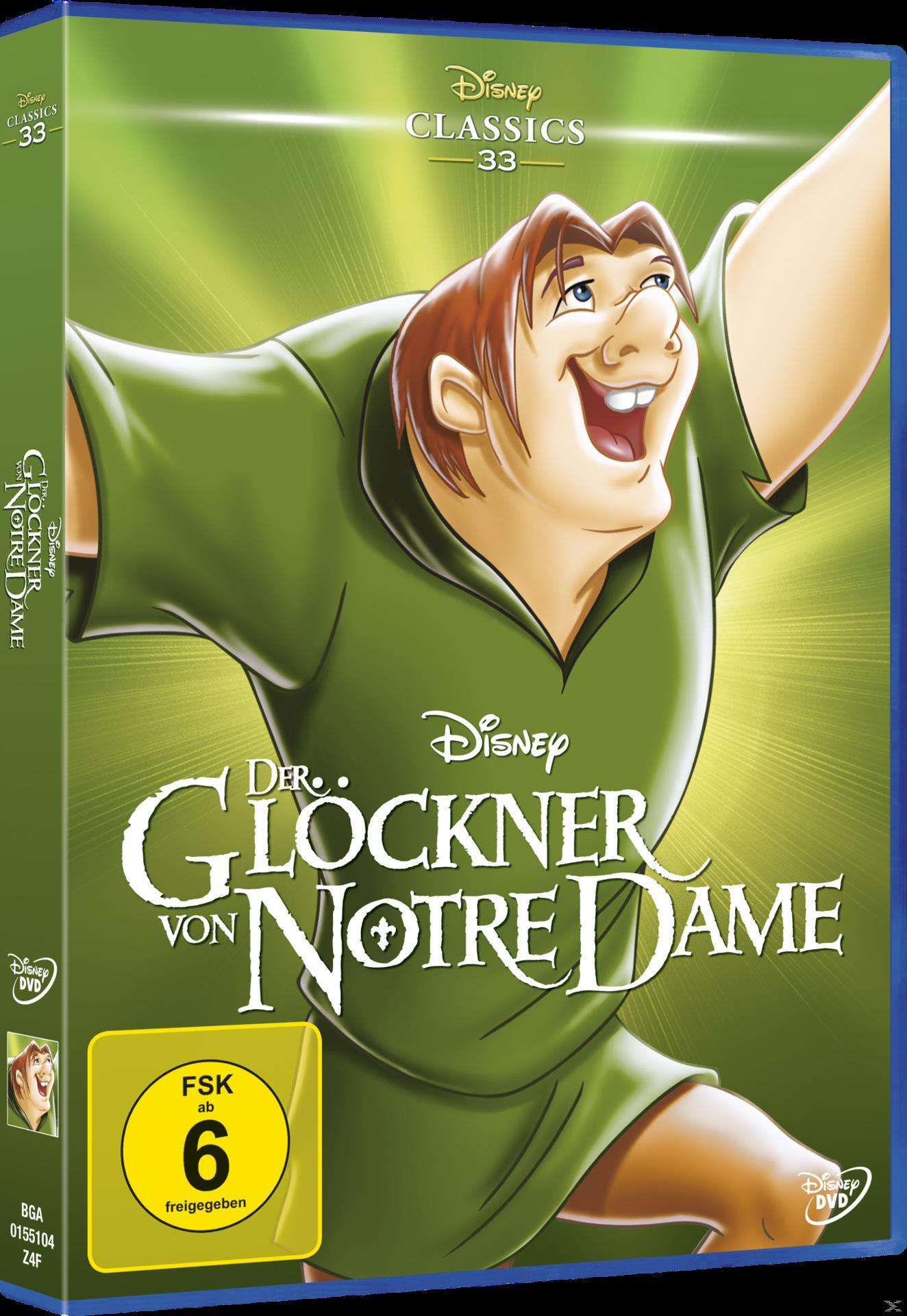 Eine DVD-Hülle für Disneys Der Glöckner von Notre Dame, mit grünem Cover und Text.