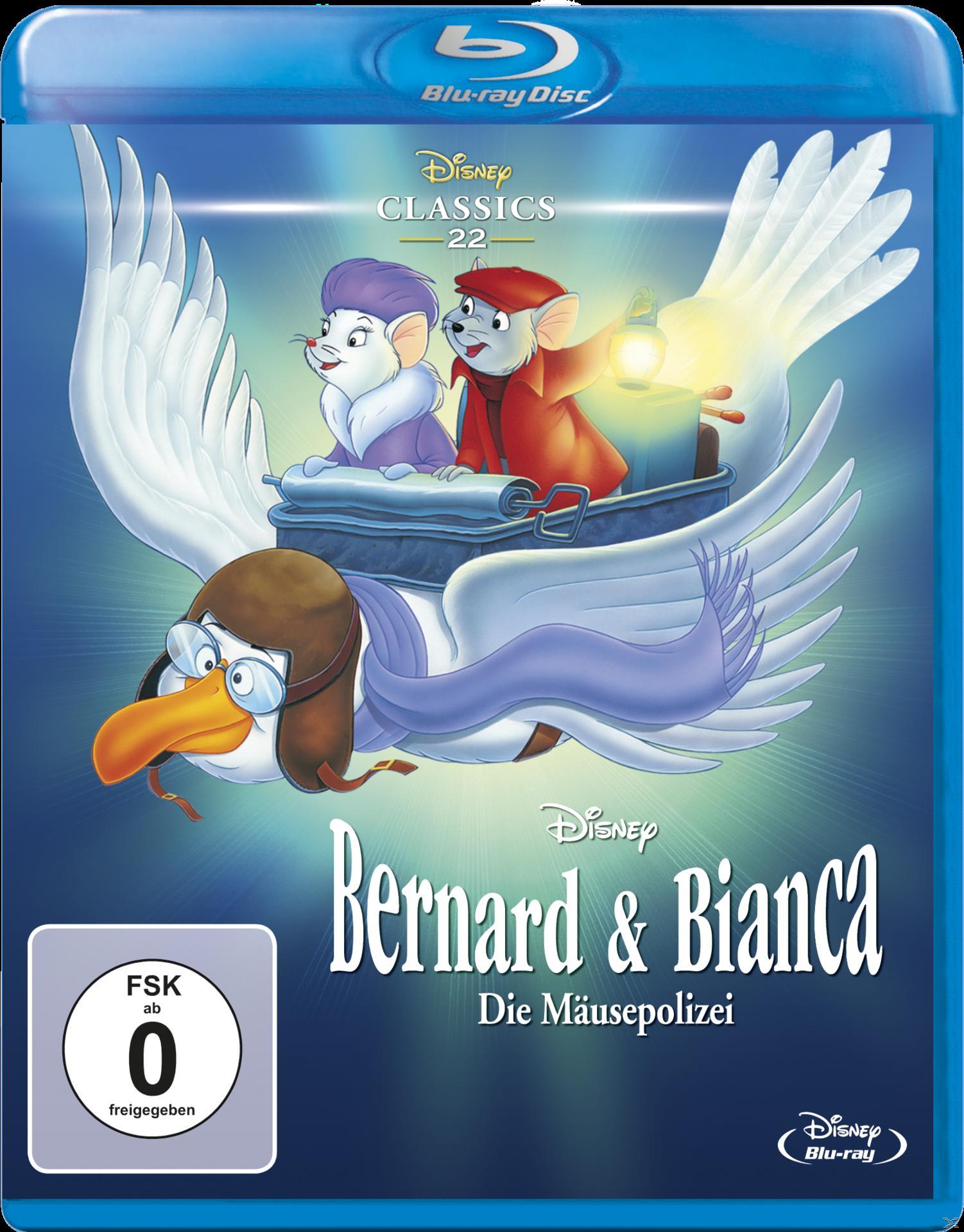 Bernard & Bianca DVD-Cover. Zwei Mäuse in einem Boot. Ein Vogel trägt sie. Blauer Hintergrund.