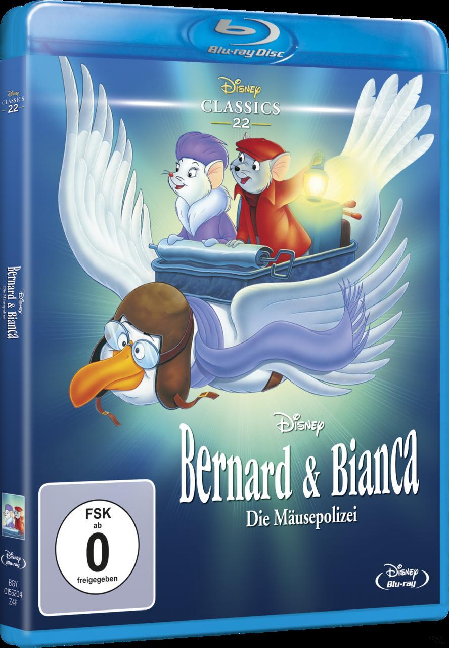 Blu-ray-Disc-Cover des Zeichentrickfilms Bernard und Bianca. Zeigt zwei Mäuse auf einer Möwe.
