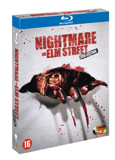 Boîtier DVD avec le titre 'Nightmare on Elm Street', montrant un visage ensanglanté et Freddy Krueger.