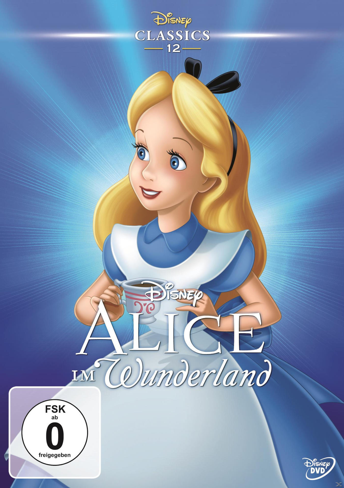 Alice von Disney in blauem Kleid hält eine Tasse. Der Hintergrund ist ein blauer Farbverlauf.