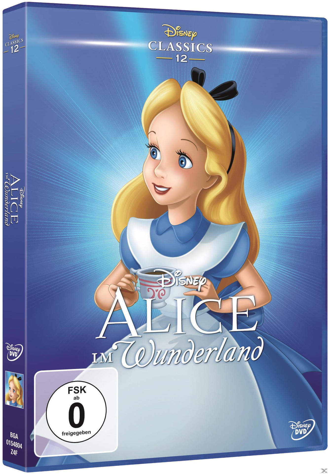DVD-Hülle von Disneys Alice im Wunderland. Alice hält eine Teetasse, blaues Kleid. Weißer Hintergrund.