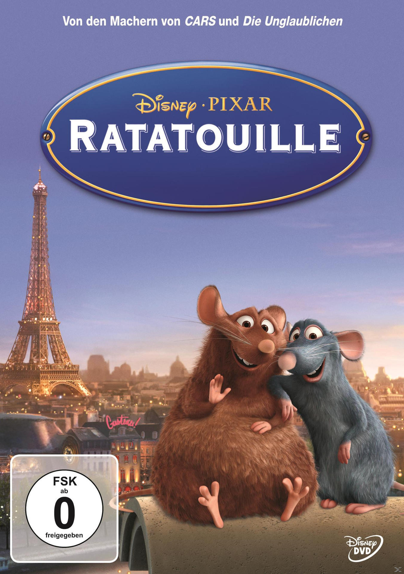 DVD-Cover von Disneys Pixar's Ratatouille, mit Remy und Emile vor Paris.
