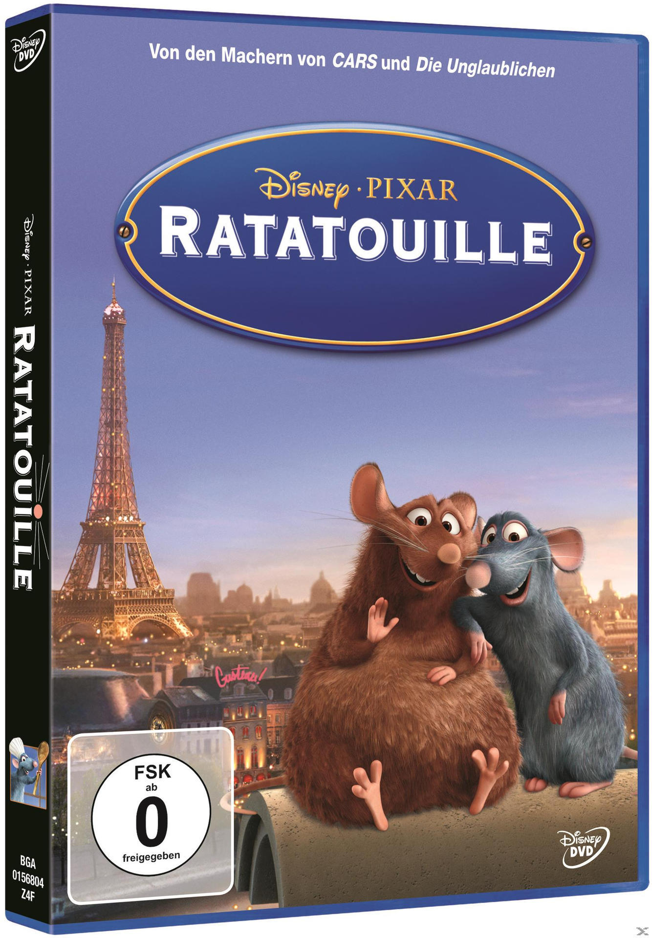 DVD-Hülle von Ratatouille. Animierte Ratten in Paris. Eiffelturm im Hintergrund.