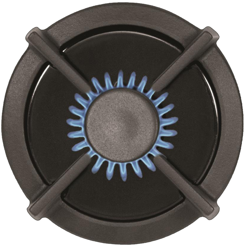 Close-up van een gasfornuisbrander met blauwe vlammen die uit het midden komen.