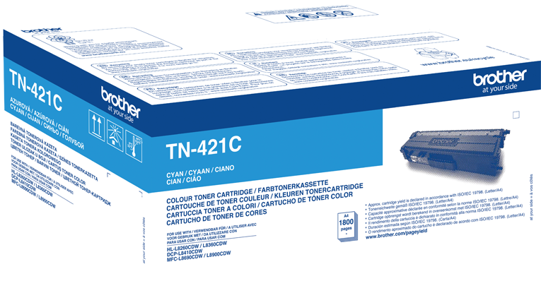 Une boîte de cartouche de toner cyan Brother TN-421C avec détails et spécifications est affichée.