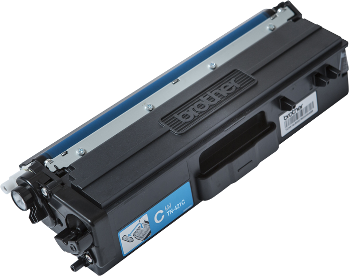 Une cartouche de toner Brother TN-421C. La cartouche est noire et bleue avec le logo Brother.