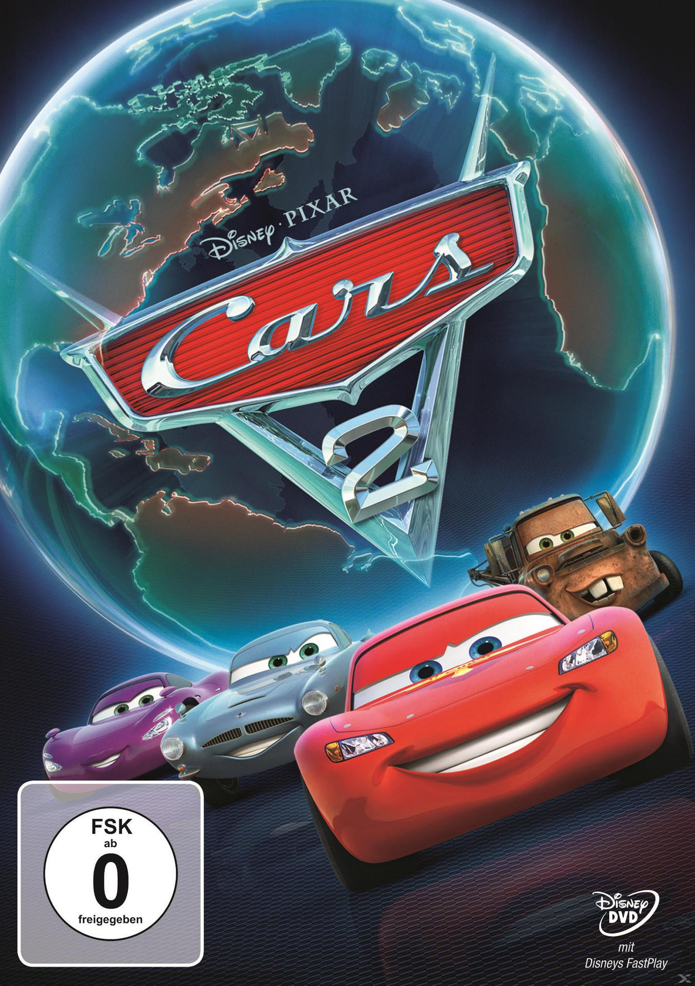 Cars 2 DVD-Cover. Zeigt Lightning McQueen und andere Charaktere. Globus-Hintergrund.