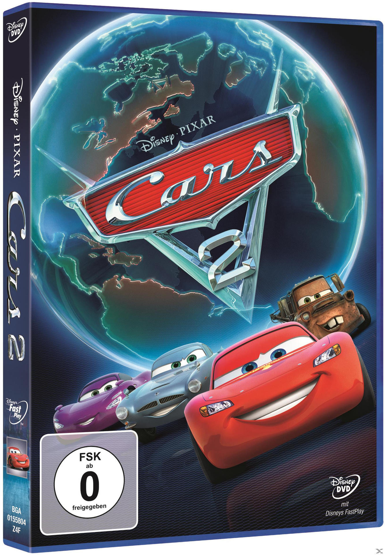 DVD-Hülle für den Film Cars 2. Das Cover zeigt Lightning McQueen und andere Autos in einer Weltkulisse.