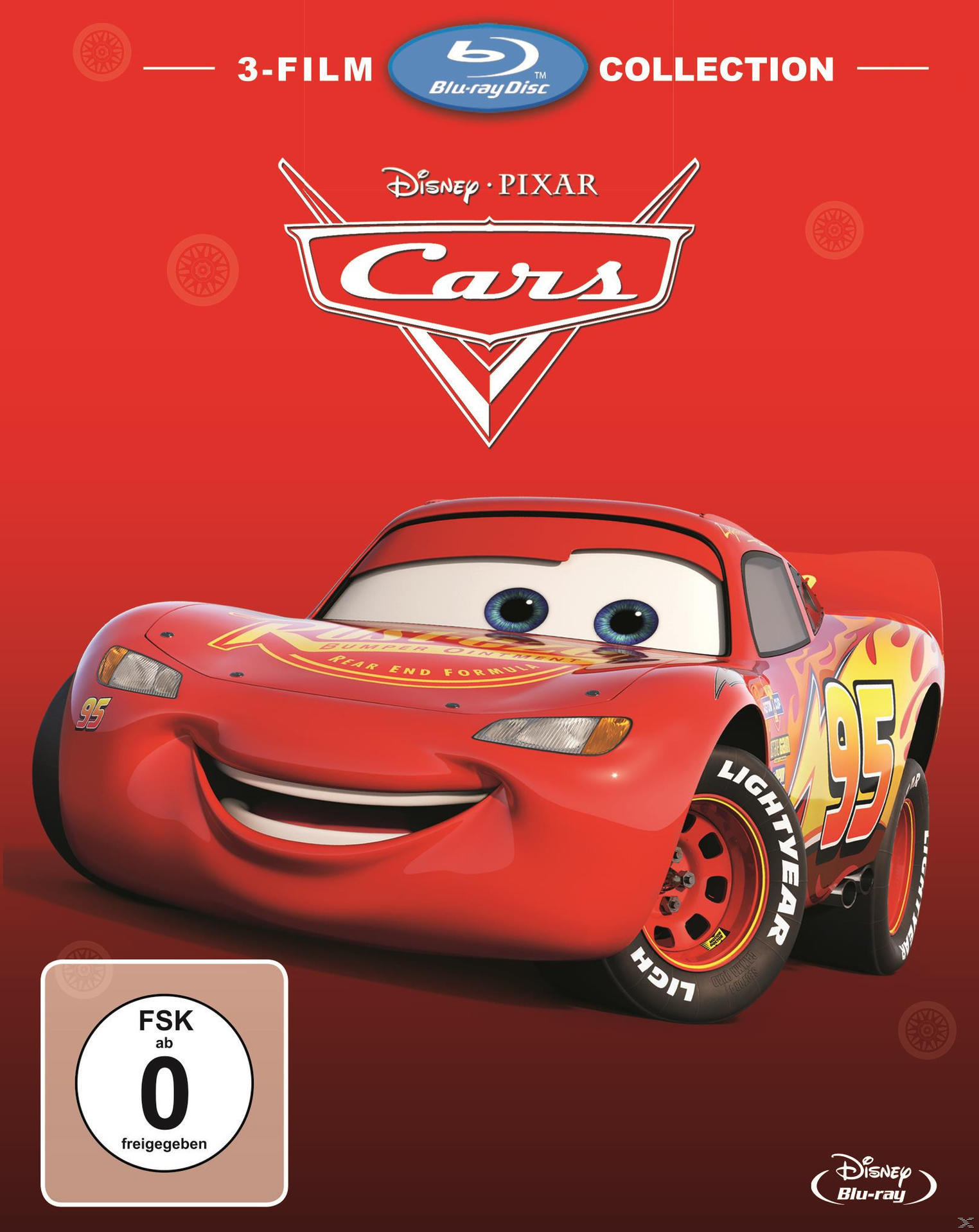 Ein Cars Blu-ray-Box-Set mit Lightning McQueen auf rotem Hintergrund.