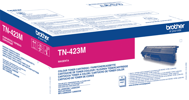 Une boîte de cartouche de toner magenta Brother TN-423M. La boîte affiche les informations sur le produit et les logos.