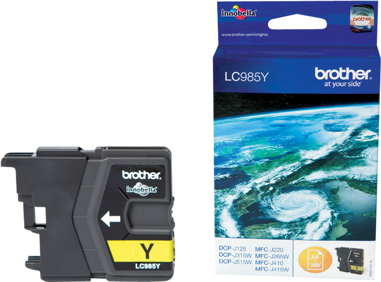 Yellow Brother LC985Y ink cartridge, a blue and white Brother box, and an Earth image.