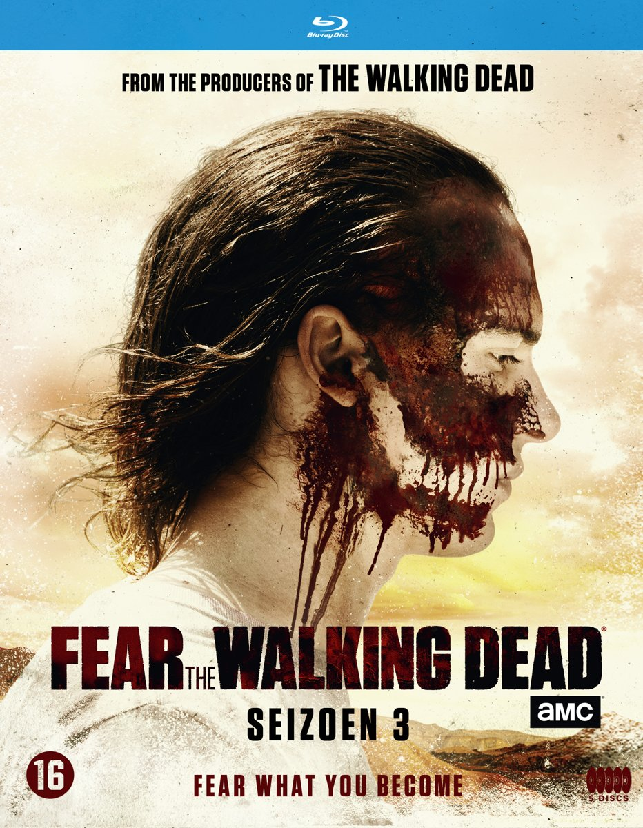 Couverture du film 'Fear The Walking Dead'. Un homme avec un visage de crâne est de profil. Le titre et le logo AMC sont affichés.