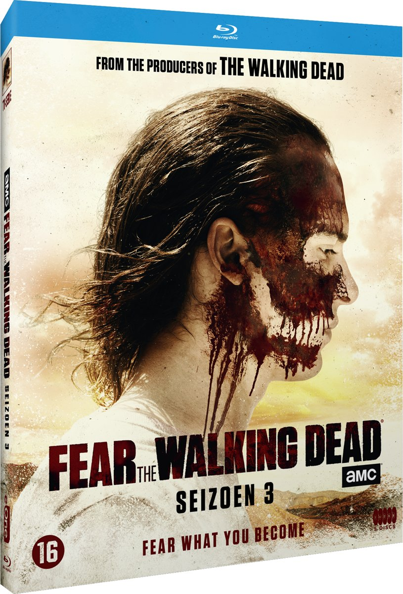 La couverture du disque Blu-ray de la saison 3 de 'Fear the Walking Dead', montrant un homme au visage en forme de crâne.