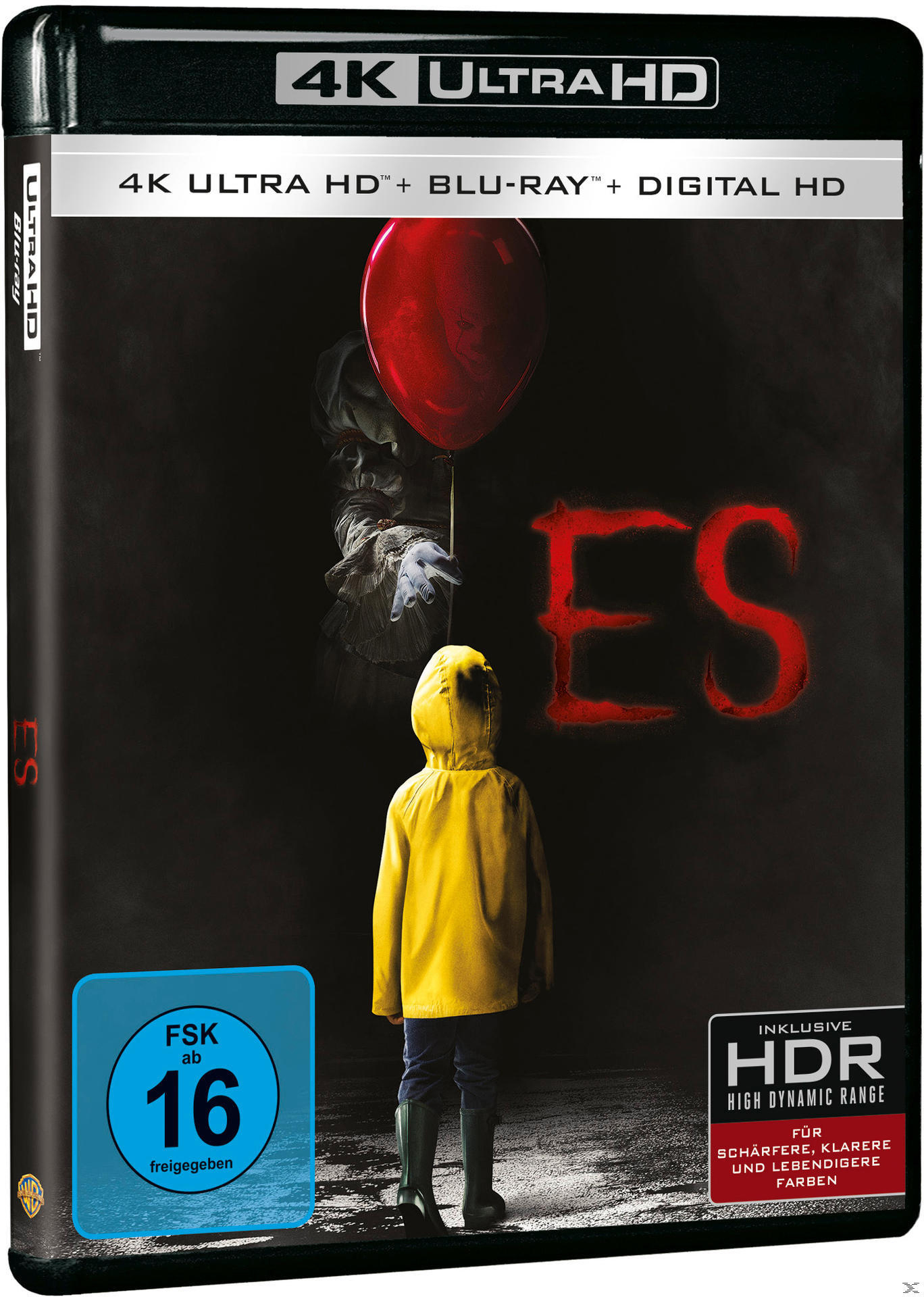 Filmcover: Ein Junge in gelbem Regenmantel steht vor Buchstaben 'ES', ein roter Ballon schwebt, eine Figur erscheint.