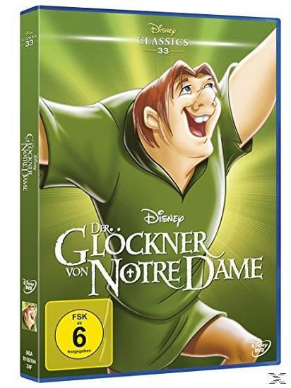 DVD-Hülle für Der Glöckner von Notre Dame (Disney). Das Cover zeigt Quasimodo vor grünem Hintergrund.