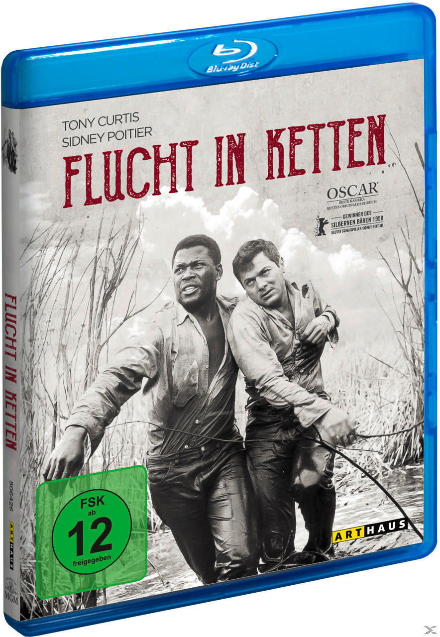Filmcover. Zwei Männer im Wasser, Titel "Flucht in Ketten" in Rot.