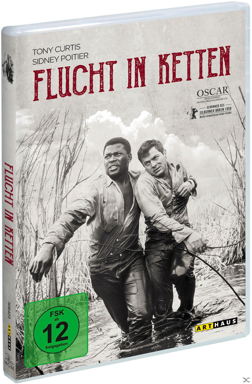 DVD-Cover des Films 'Flucht in Ketten'. Zwei Männer in Ketten, Wald im Hintergrund.