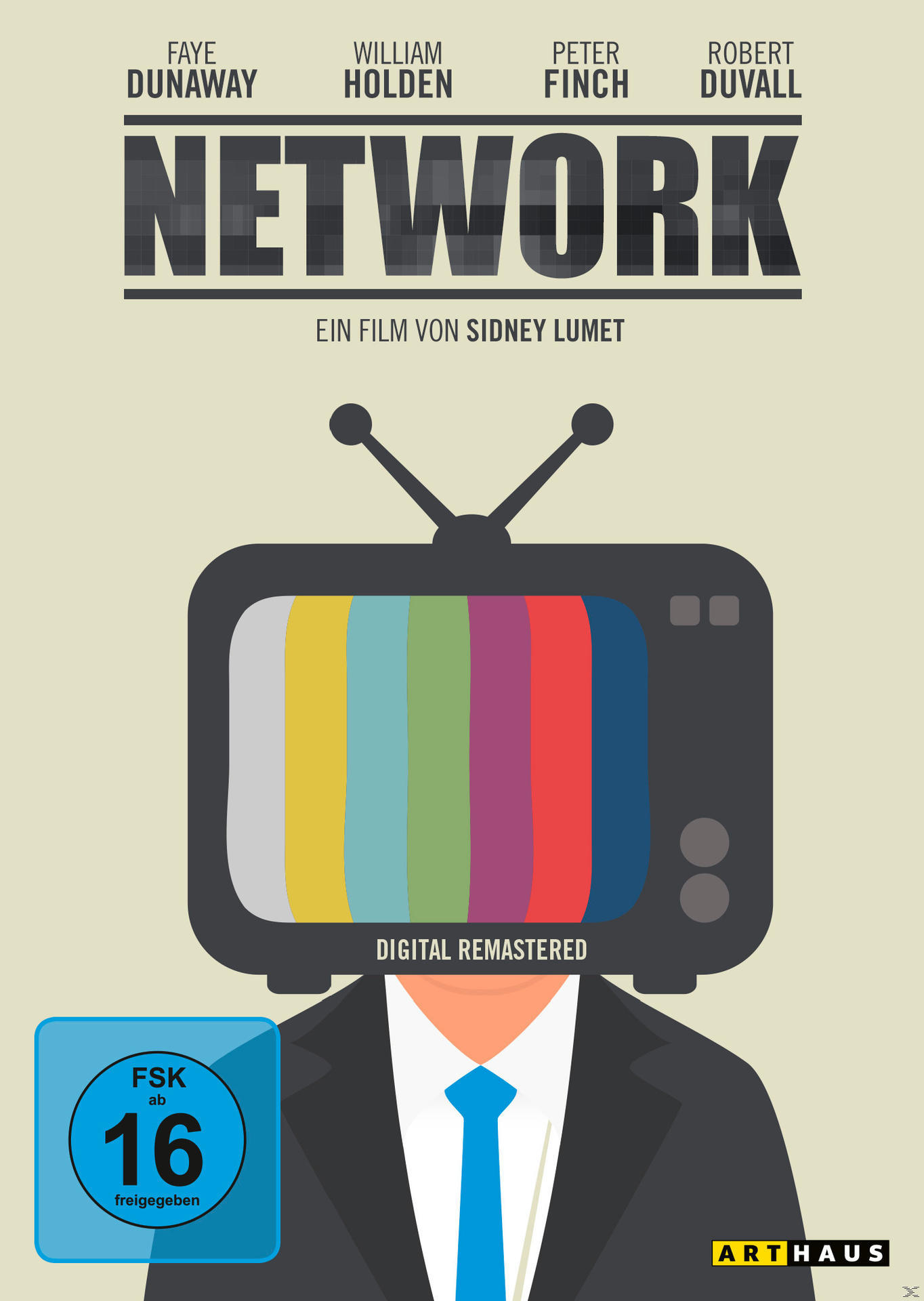 Filmposter für 'Network' mit TV-Kopf-Mann und Schauspielernamen oben.