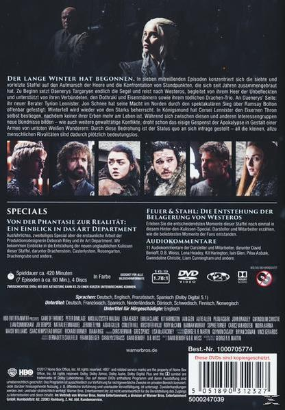 DVD-Cover für Game of Thrones. Enthält Charaktere und Text auf Deutsch. Der Hintergrund zeigt eine winterliche Szene.