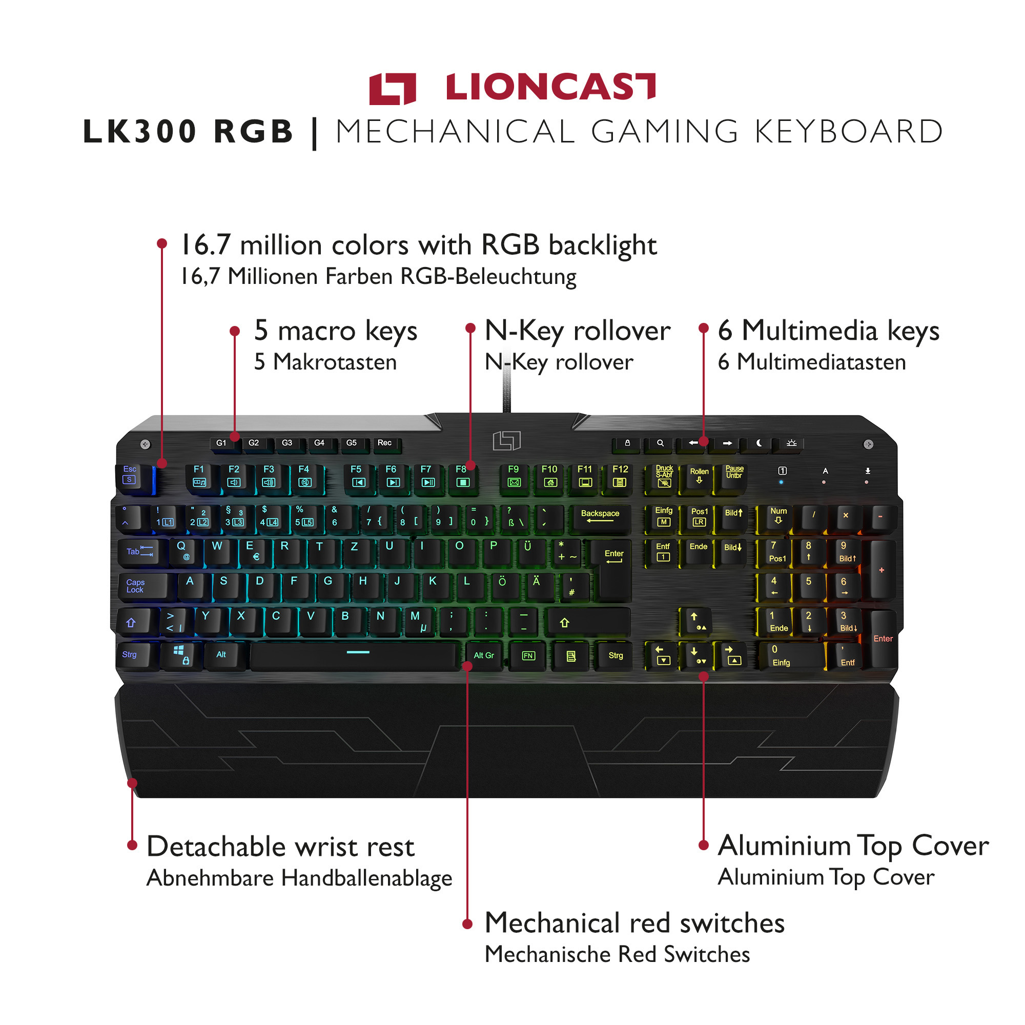 LIONCAST LK300 RGB, Gaming Tastatur, Mechanisch, kabelgebunden, Schwarz