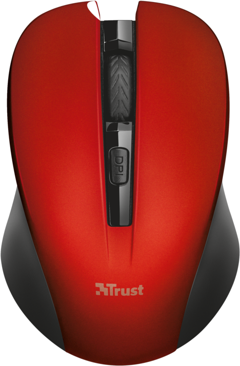 Une souris d'ordinateur rouge, accents noirs, avec le logo 'Trust'.