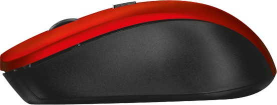 Souris d'ordinateur rouge et noire sur fond noir.