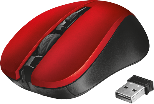 Une souris sans fil rouge et noire avec un récepteur USB, vue sur fond blanc.
