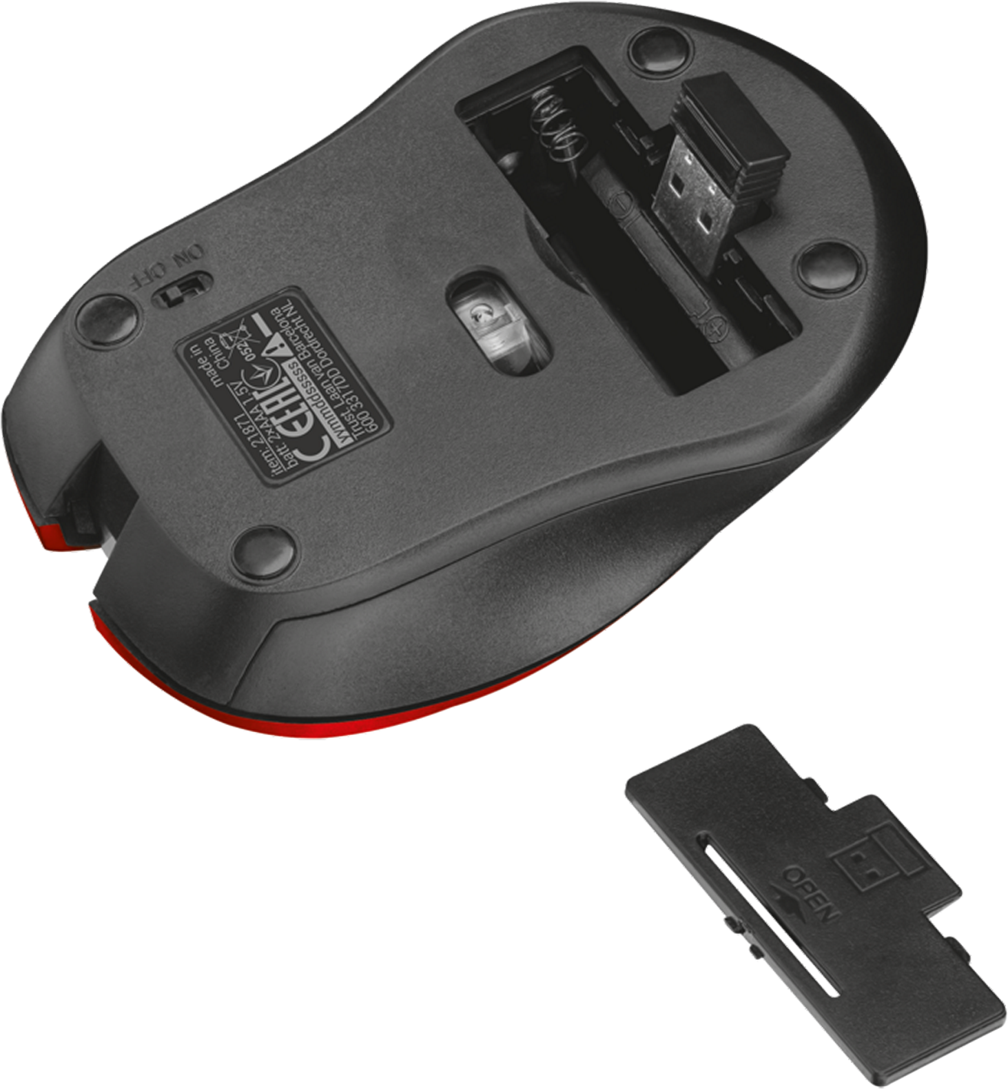 Souris d'ordinateur noire avec récepteur USB et compartiment à piles ouvert.
