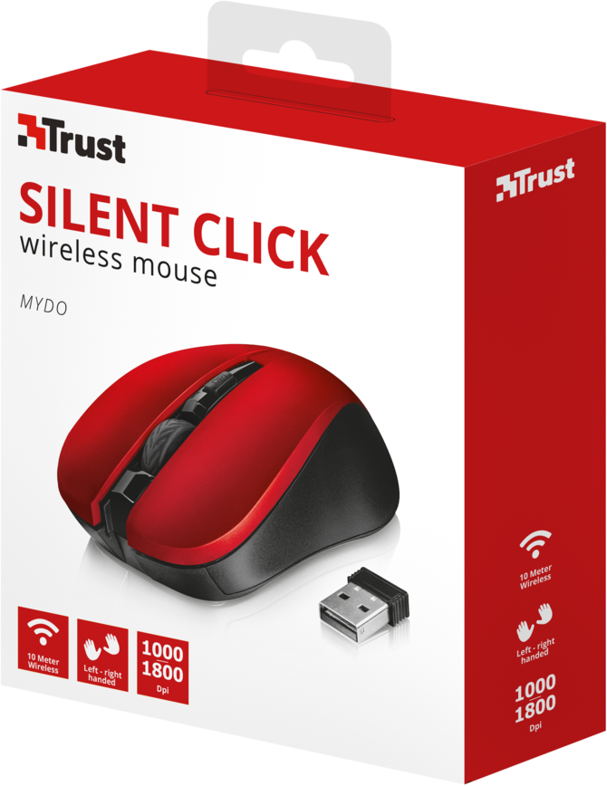 Une souris sans fil rouge et noire dans une boîte. La boîte contient également un récepteur USB.