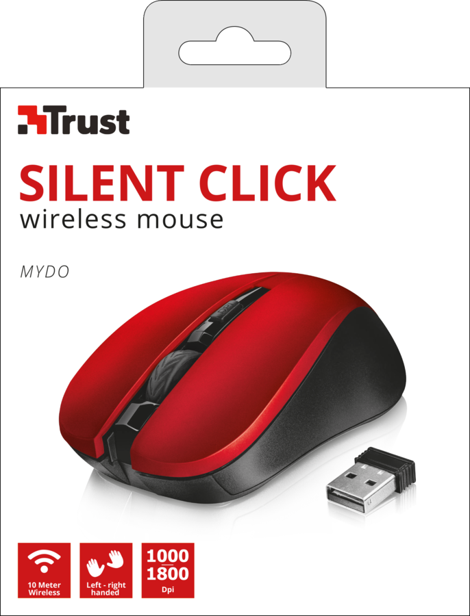 Souris sans fil Trust rouge et noire avec récepteur USB. L'emballage montre la souris et ses caractéristiques.