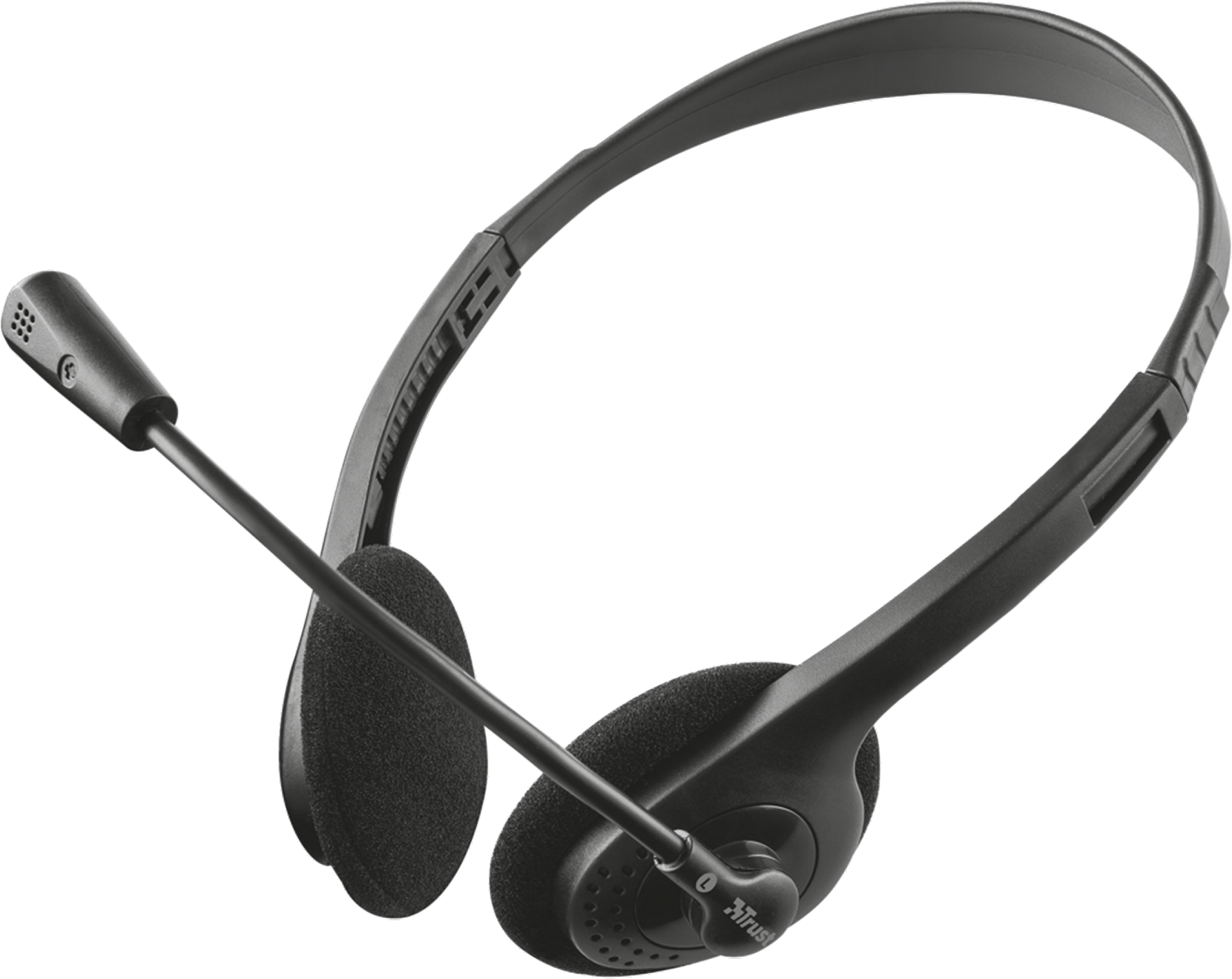 Black Trust headset with a flexible microphone and cushioned earcups, on black background.