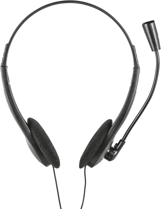 Black headphones with a microphone, on a black background, isolated on white.