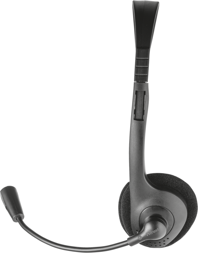 A black headset with a microphone on a black background.