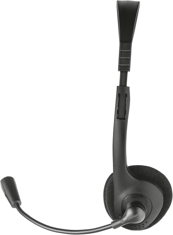 Black headset with microphone. Curved microphone arm. Ear cup on the side.