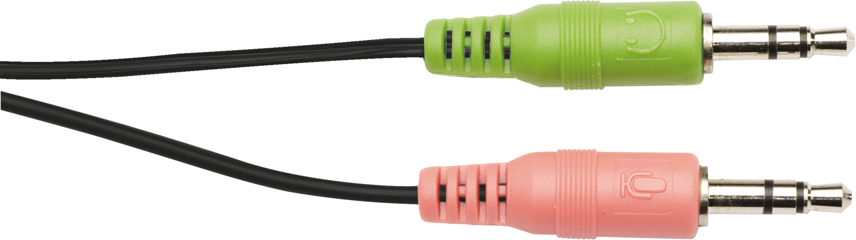 Two audio jack cables: one green and one pink, with black cable wires.  