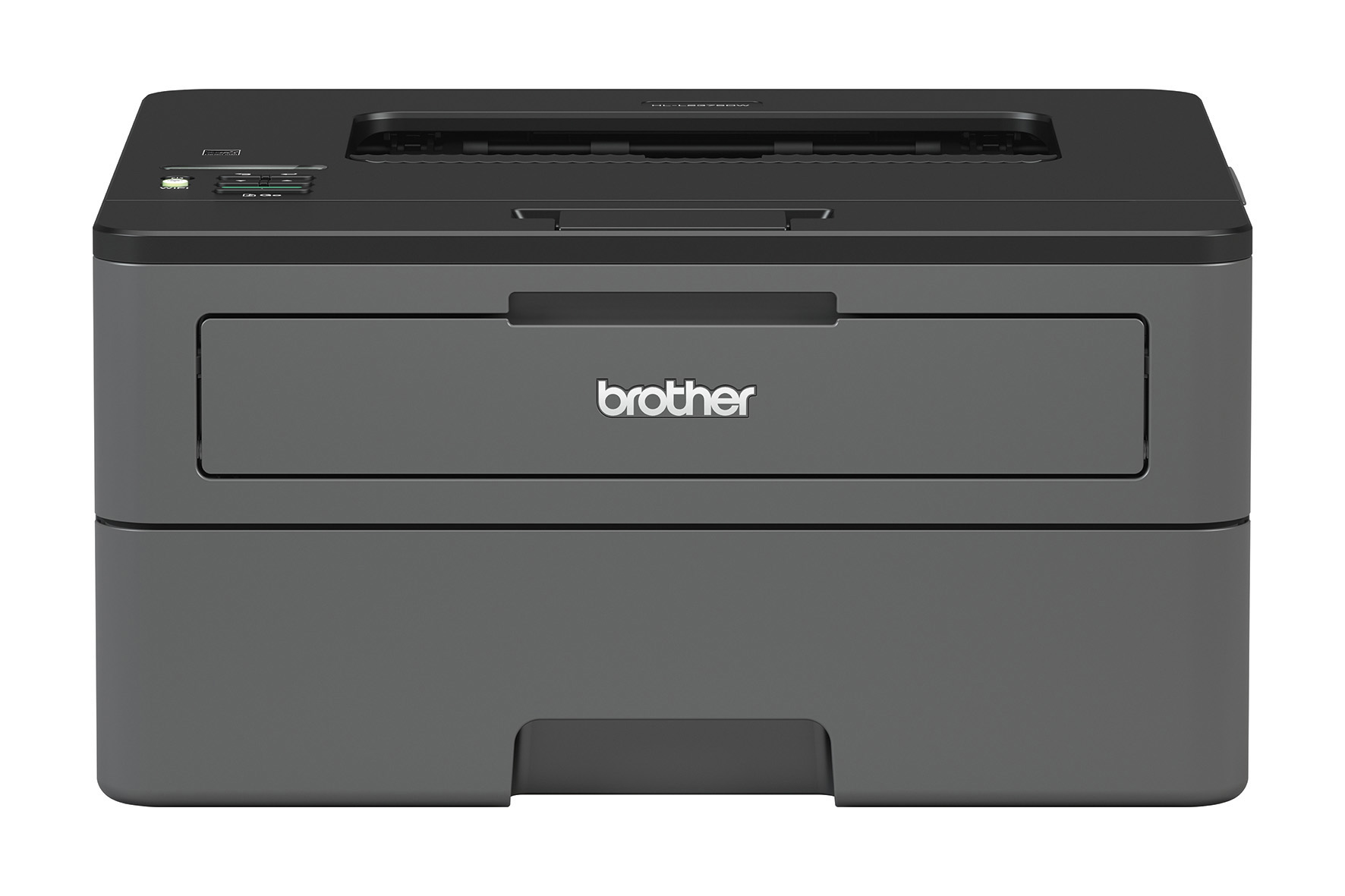 Ein Brother-Schwarz-Laserdrucker auf weißem Hintergrund.