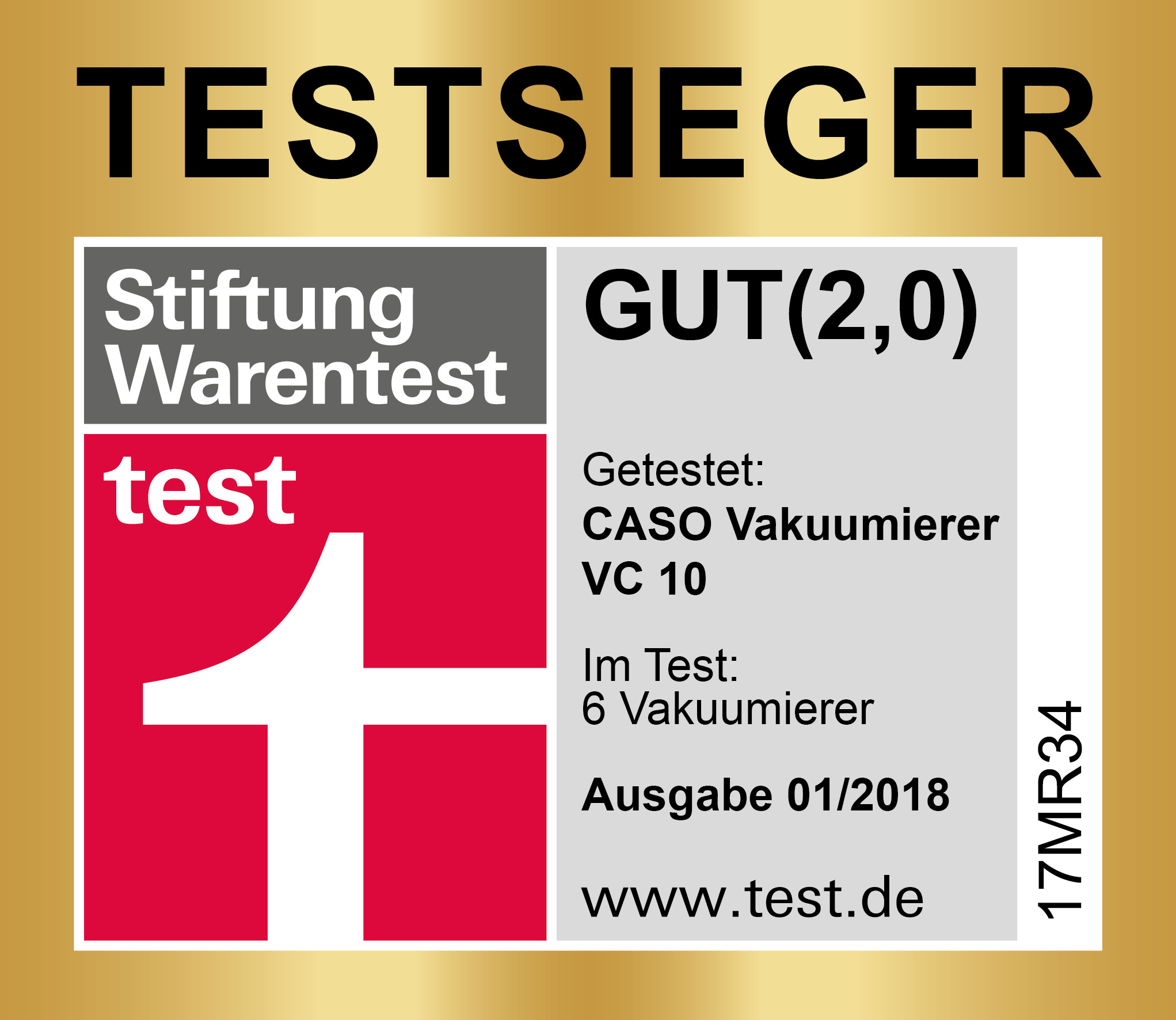 Ein deutsches Stiftung Warentest-Label mit dem Text GUT(2,0) und einem roten Testzeichen.