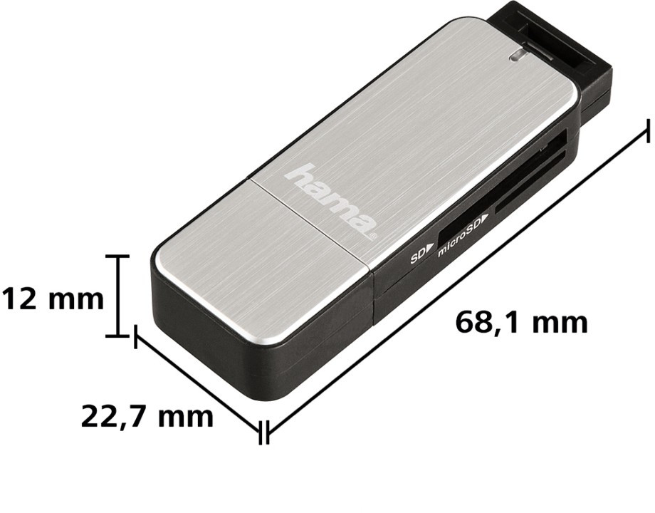 Un lecteur de cartes Hama argenté, avec des fentes SD et microSD, dimensions indiquées.