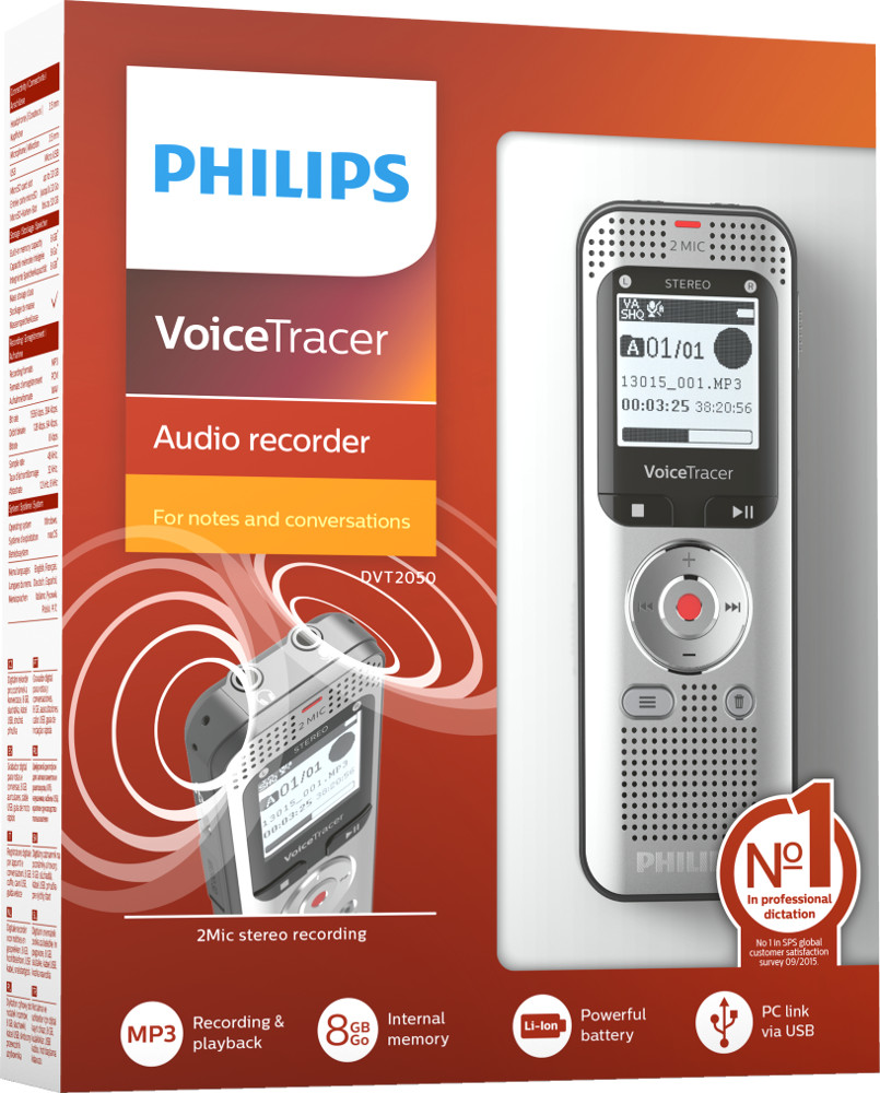 Enregistreur audio Philips VoiceTracer en boîte. Caractéristiques : enregistrement stéréo à 2 micros, enregistrement et lecture.