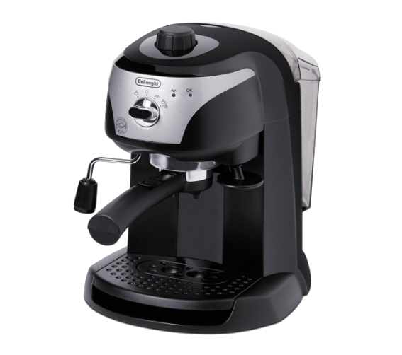 Fekete-ezüst DeLonghi eszpresszó gép, gőzölővel és víztartállyal.