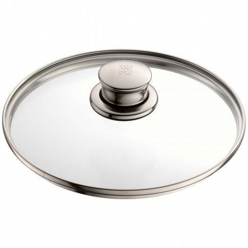 Glasdeckel mit Edelstahlrand und Griff, mit Logo-Prägung.