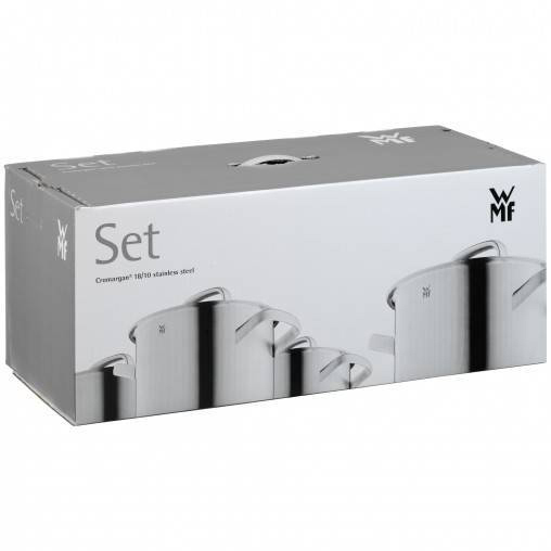 Verpackung eines Topfsets aus Edelstahl mit dem Logo der Marke WMF.