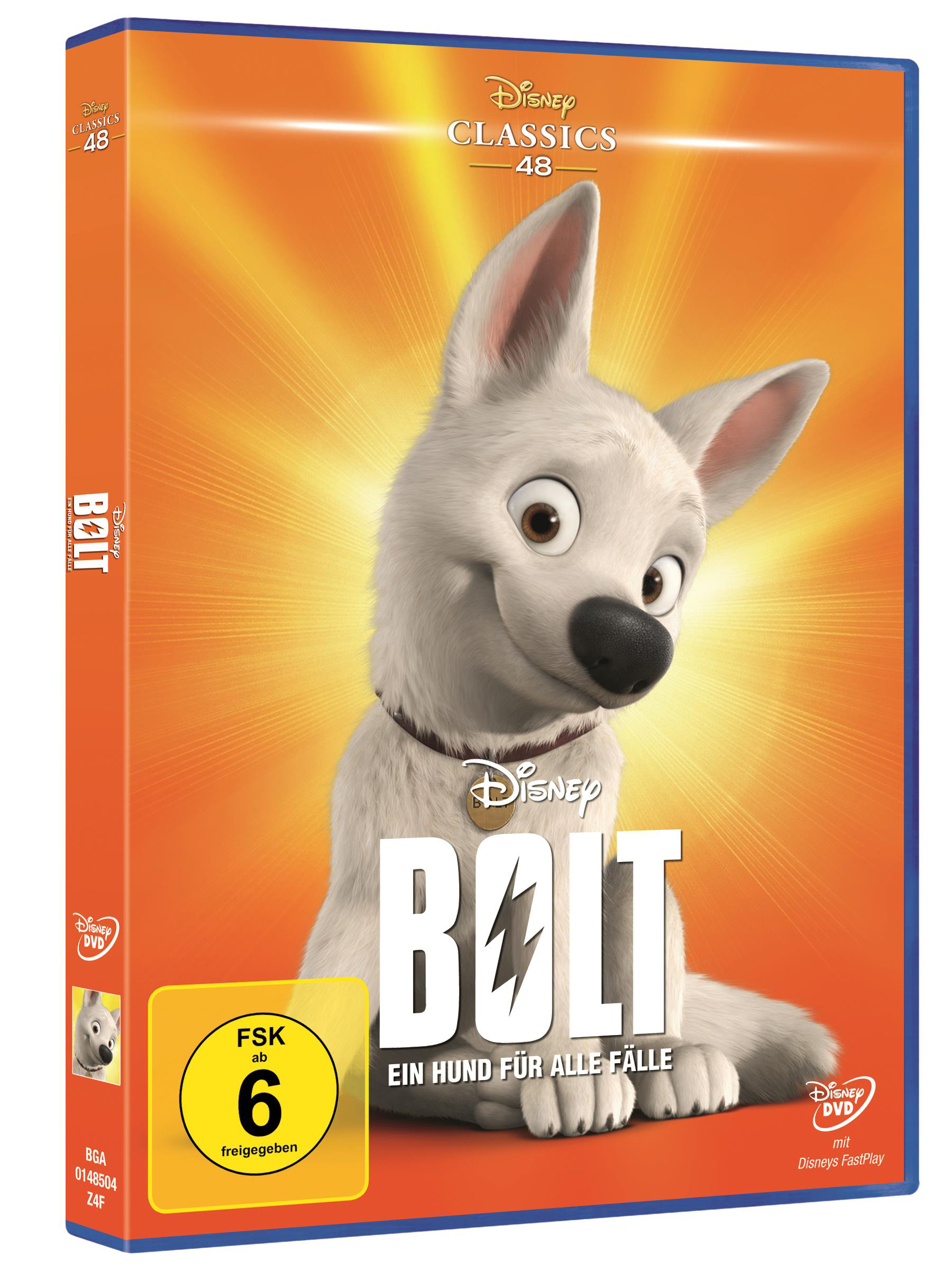 Eine DVD-Hülle von Bolt, einem Disney-Animationsfilm, mit einem weißen Hund. Die Hülle ist blau und hat Filmdetails.