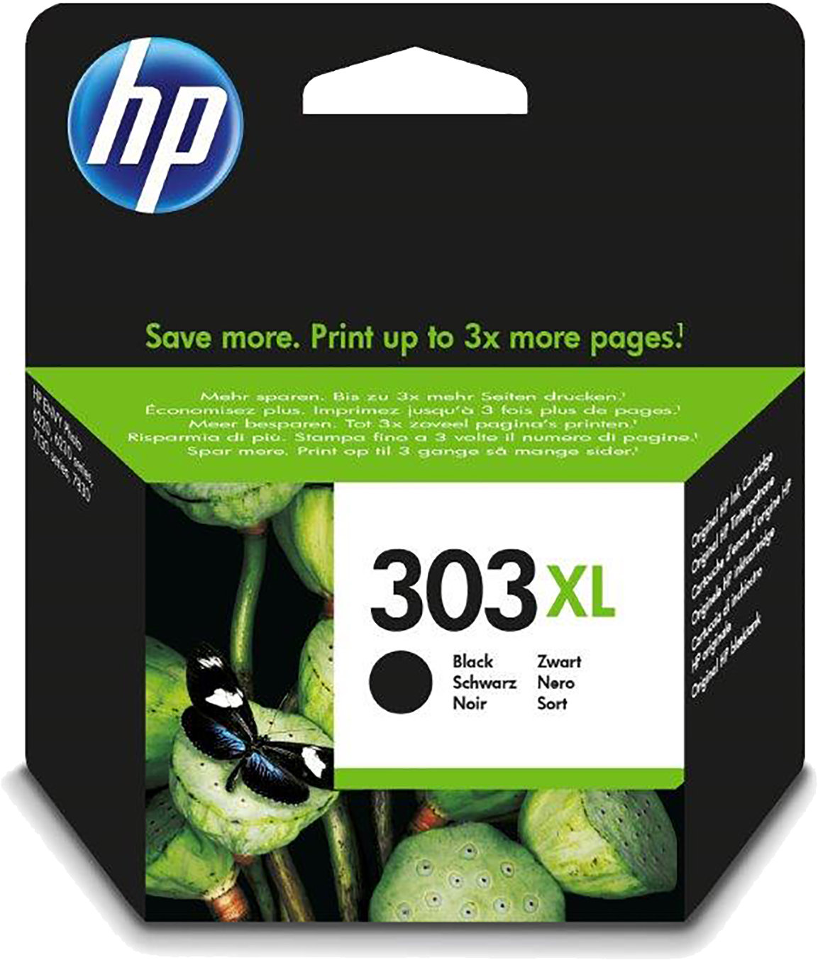 HP 303XL black ink cartridge with a butterfly and lotus pods.